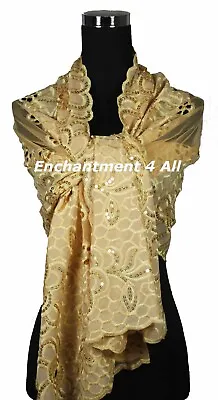 Elegant Oblong Embroidered Lace Scarf Shawl Wrap W/ Sequins Golden • $13.29