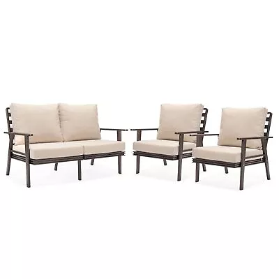 LeisureMod Walbrooke 3-Piece Patio Set With Brown Aluminum Frame And Cushions • $4256