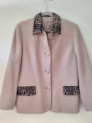 Gaby Fashion Sz 10 Vtg Tan Wool Cashmere Lt Coat Velvet Leopard Print Collar • £40.98