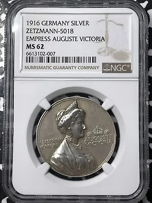 1916 Germany Empress Auguste Victoria Zetzmann Medal NGC MS62 Lot#G5632 Silver! • $250