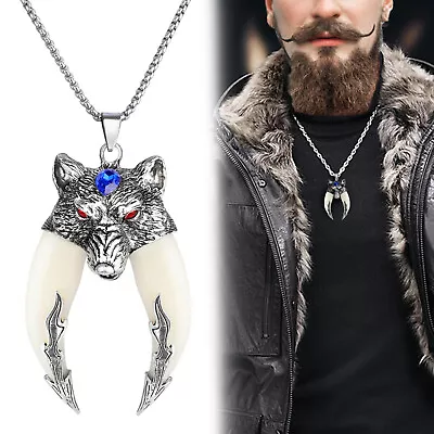 Men's Stainless Steel Oversized Wolf Head Tooth Pendant Necklace 27  Chain Women • $8.48