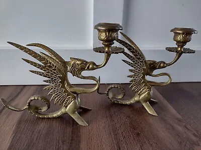 $135 • Buy Vintage Brass Dragon Candle Holder Set Lot Of 2 Griffin Gothic Mid Century Art 
