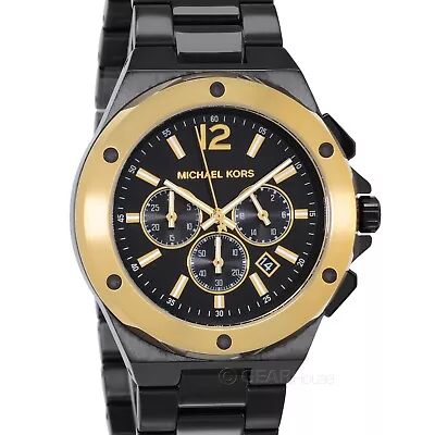 Michael Kors Mens Lennox Chronograph Watch Black Gold Dial Stainless Steel Band • $106.80