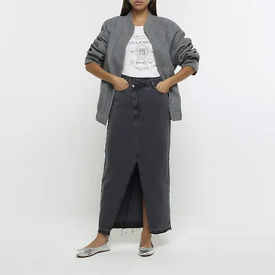 River Island Womens Maxi Skirt Grey Asymmetric Waist Denim Belt Loops 5 Pockets • £12.60