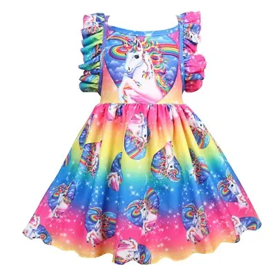 Kids Girls Princess Unicorn Party Rainbow Summer Dress Headband Headwear  • £11.99