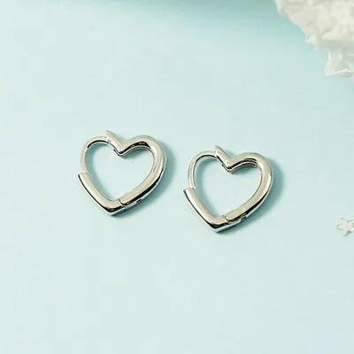 Shiny 925 Sterling Silver Love Heart Hoop Circle Huggie Earrings Women Girl Gift • £3.49