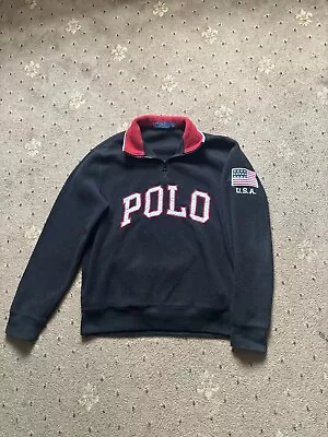 Polo Ralph Lauren Jumper Mens Black Small USA Flag Quarter Zip Fleece Spell Out • £69.99