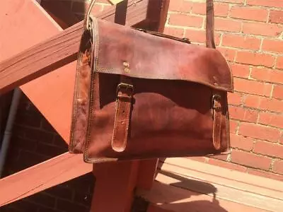 Handmade Leather 13  Padded Laptop Satchel Bag Vintage Billy Goat Design. • $48.45