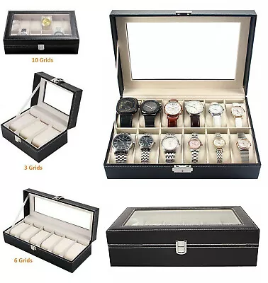 10 12 Slot Leather Watch Box Display Case Organizer Glass Jewelry Storage Black • $21.95