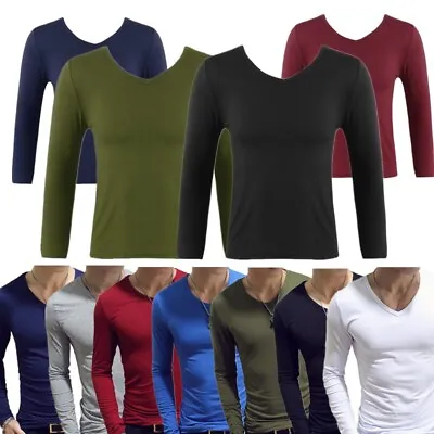 $14.09 • Buy Men V-Neck Thermal Underwear Top Stretch Long Sleeve Compression Athletic Shirts