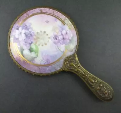 VIOLETS - Antique Hp PORCELAIN Back HAND MIRROR - Floral Brass Handle C.1900's • $135