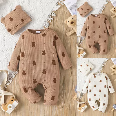 Newborn Baby Boy Girls Cute Bear Romper Bodysuit Jumpsuit Cap Clothes Outfit Set • £9.29