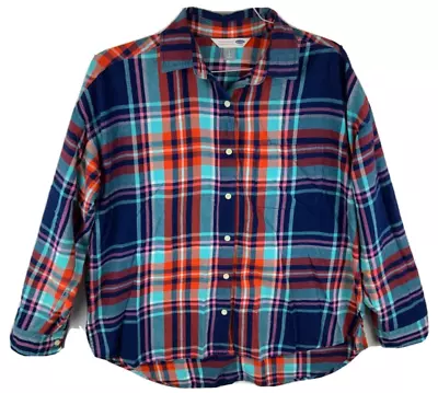 Old Navy Boyfriend Shirt Womens Large Blue Red Long Sleeve Plaid Top Pocket • £9.96