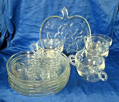 Hazel Atlas Clear Glass Snack Dishes & Cups Apple Shaped Apple Blossom Pattern • $24