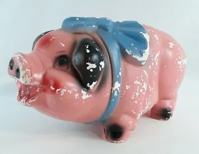 Vintage Statuary Large Pink Pig Piggy Coin Bank 14  Signed AXP Break To Open Bow • $125