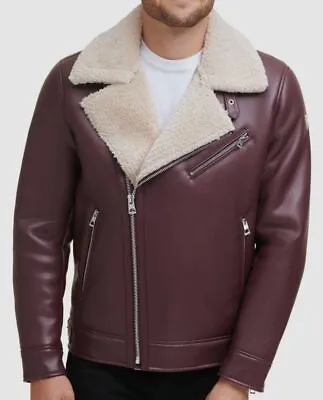 $295 Guess Men Red Faux-Leather Faux-Shearling Asymetrical Motorcycle Jacket S • $82.38