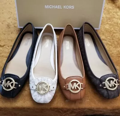  Michael Kors Ballet Flat Shoe MK LOGO Charm Black Vanilla Chocolate Fulton Moc • $99.99