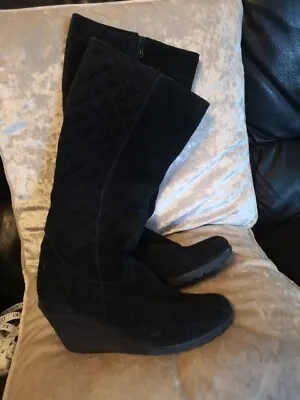 Ladies Black Knee High Boots Size 6 By Miss KG Faux Suede Quilted Wedge Heeled • £10
