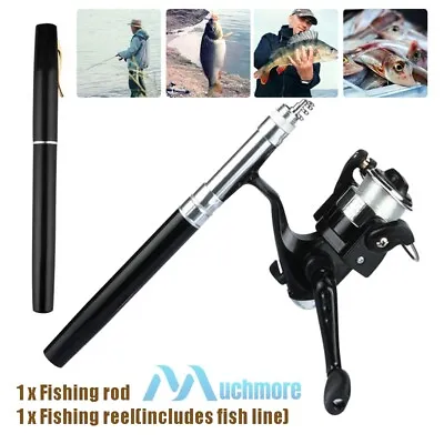 Mini Aluminum Portable Pocket Pen Shape Fishing Fish Rod Pole + Reel Black US • $18.99