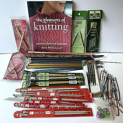 $60 • Buy Large Lot Knitting Needles + Book, Metal Wood Plastic Clover Bernat Susan Bates