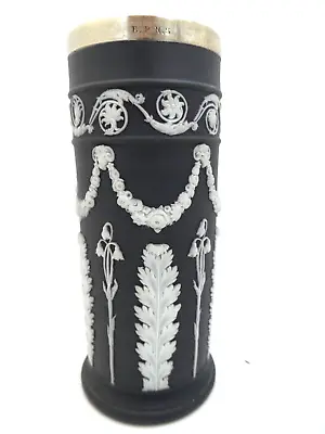 Wedgwood Classic Black Jasper Ware Spill Vase Epns Silver Rim • $96