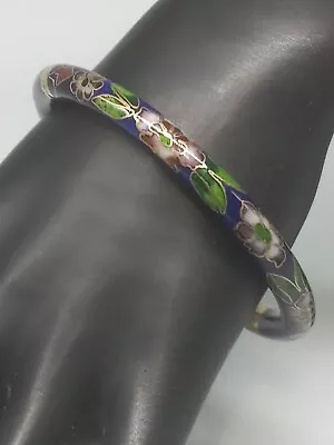 Vintage Cloisonne Blue Green Floral Enamel Hinged Bangle Bracelet • $13.99