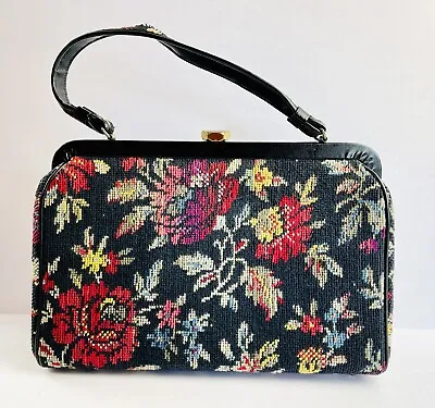 Vintage Handbag Grannycore Purse~Floral Tapestry Carpet~Metal Frame~Clasp • $29