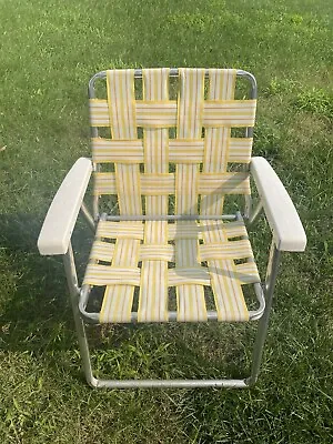 Vintage Folding Aluminum Chair Webbed Patio Lawn Chair Yellow White • $39.99