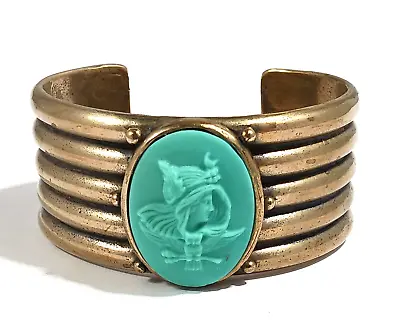 Vintage Wide Brass Bronze Cuff Bracelet  ~ Cabochon Athena Goddess Owl • $70