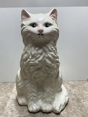 Vintage White Persian Cat Planter Ceramic Long Haired Blue Eyes 14” • $27.49