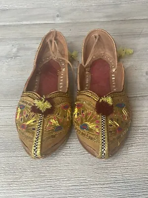 Handmade Gold Colorful Sequins Leather Jutties Indian Slip On Flat Shoes Size 7 • $16.19