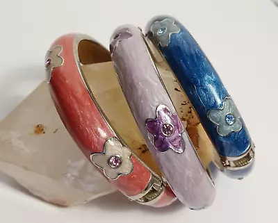 Cloisonne Enameled Hinged Floral Bangle Bracelets Pink-Purple-Blue LOT 3 • $20