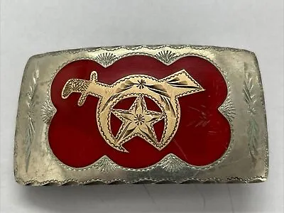 Masonic Shrine Shriner Belt Buckle Rectangular Shape Brass With Red Enamel F3 • $28.90