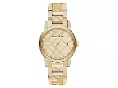 Burberry BU9038 The City Ion Plated Gold 38mm Check Stamped Swiss Quartz Watch • $184.95