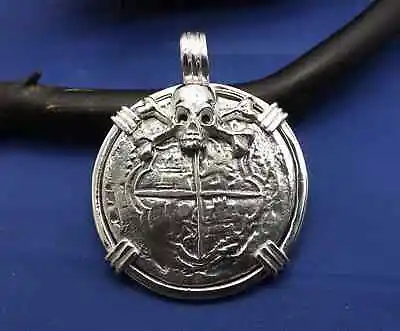 Extra Large Sterling Silver Replica Coin Shipwreck Pirate Pendant  With Skull • $199