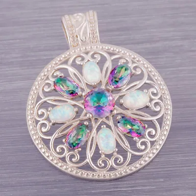 Hollow Large Round Mystic Topaz White Fire Opal Silver Jewelry Necklace Pendant • $4.99