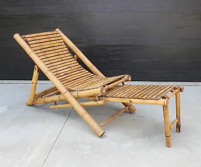 Vintage Mid-Century Real Bamboo Sling Chair Recliner Chaise Lounge Beach Cottage • $895