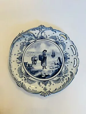 Royal Bonn “Delft” Plate Franz Mehlem Raised Decor Edge 1195 Antique Fish Women • $100