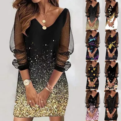 £13.49 • Buy Womens Sequins Mesh Sheer Mini Dress Ladies Cocktail Party Bodycon Ball Gown UK