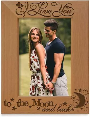 I Love You To The Moon And Back Engraved Natural Wood Picture Frame Couples I... • $32.02