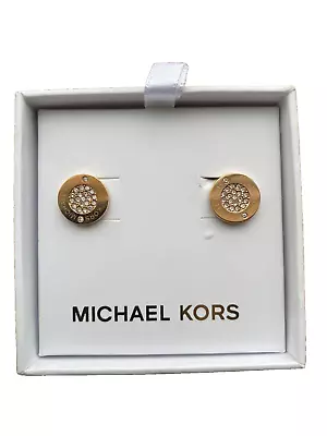 MICHAEL KORS MK Logo Rose Gold Plated Plaque Stud Earrings Rhinestones New $85 • $45