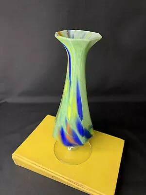 Vintage End Of Day Slag Cased Art Glass Vase Multi Colored Swirl MCM 9.75” • $24