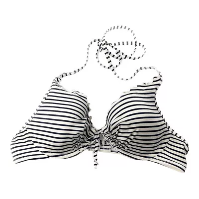 Navy Blue Beige Striped Bikini Top 36B Halter Tie At Neck Underwire Swim H&M • $7.95