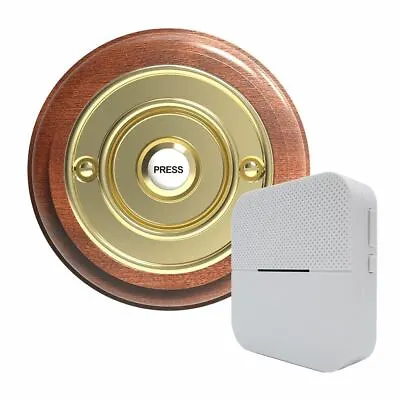 Traditional Round Wireless Doorbell In Mahogany And Brass • $147.95