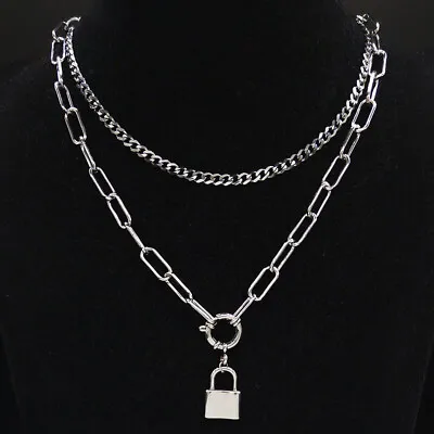 $12.99 • Buy Padlock Lock Necklace Stainless Steel Pendant Layered Chain Gothic Punk Jewelry