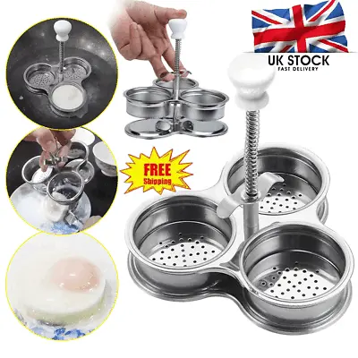 Egg Poacher Pan Stainless Steel Poached Egg Cooker Perfect Maker Spring Handle • £8.44