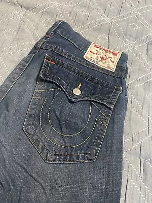 True Religion Jeans Mens 34 Blue Denim Ricky Straight Flap Pockets DistressedB18 • $35