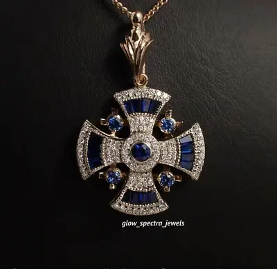 14K Rose Gold Plated Maltese Cross Pendant With Sapphires Lab Created Diamond • $129.46
