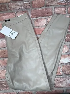 New Zara Medium Beige Faux Leather Leggings Crop Skinny Trousers High Waist 28” • £15.99