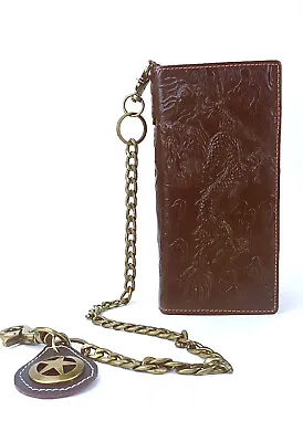 Genuine Leather Men's Chain Brown Dragon Star Wallet Long Bifold RFID Block • $27.99